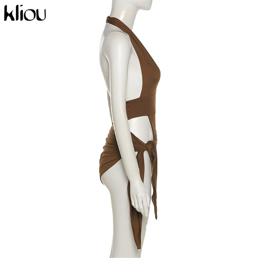Kliou Solid Deep V sexy Two Piece Sets