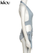 Kliou Solid Deep V sexy Two Piece Sets