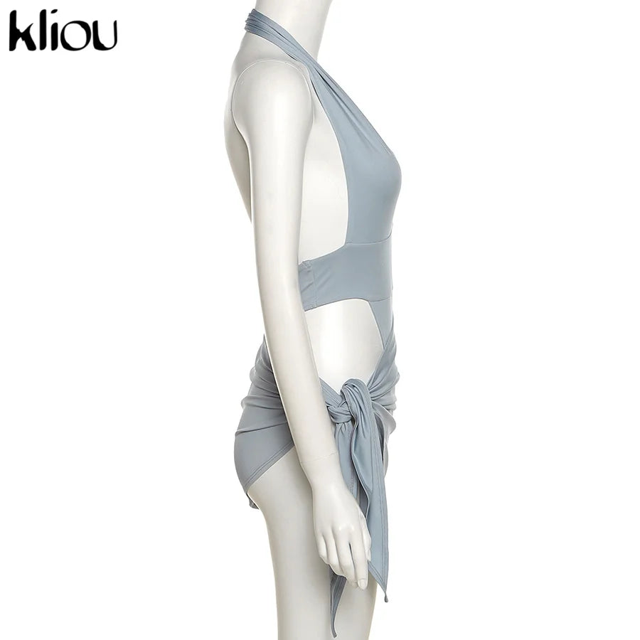 Kliou Solid Deep V sexy Two Piece Sets