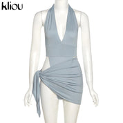 Kliou Solid Deep V sexy Two Piece Sets