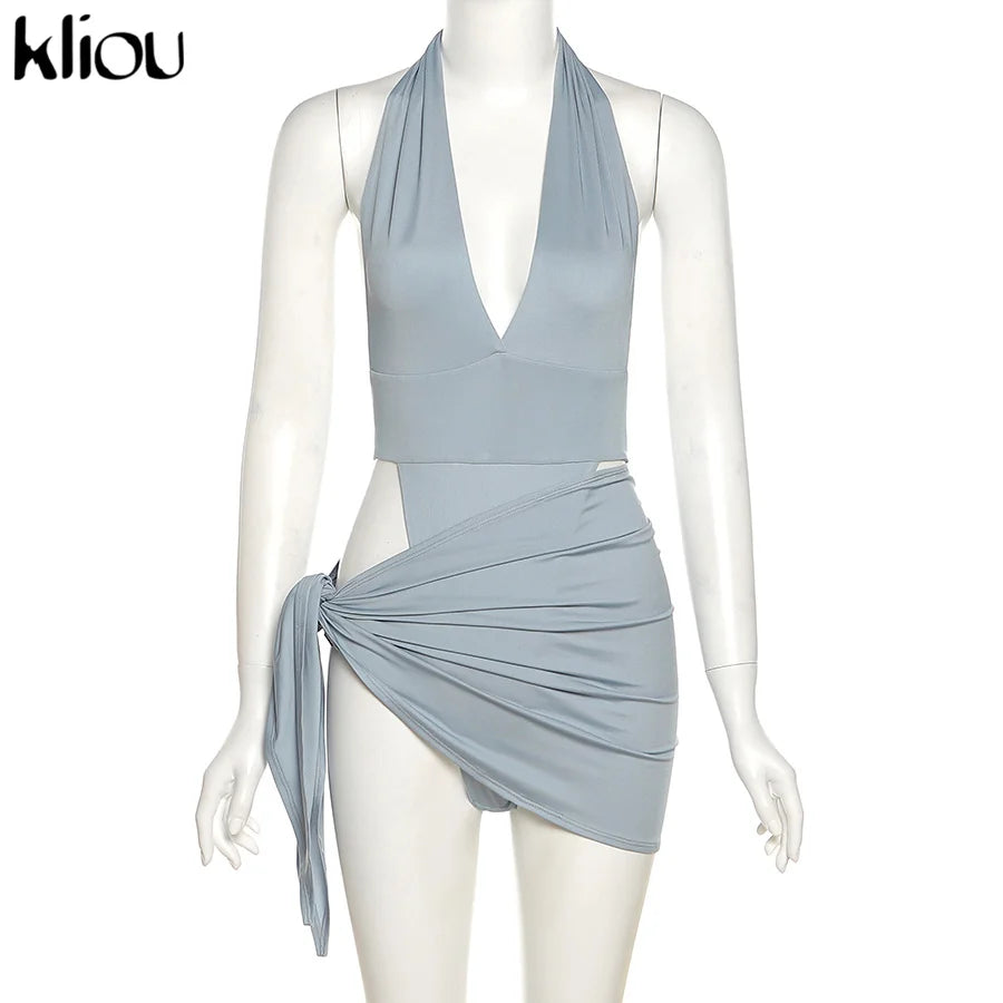 Kliou Solid Deep V sexy Two Piece Sets