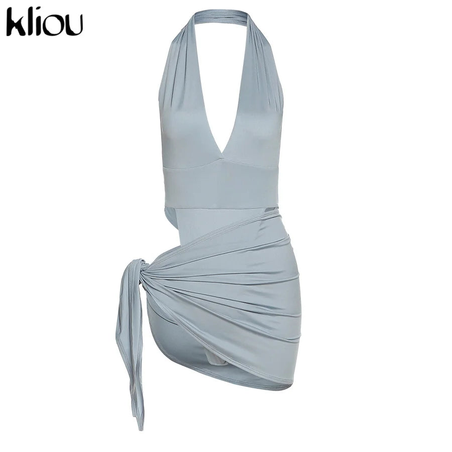 Kliou Solid Deep V sexy Two Piece Sets