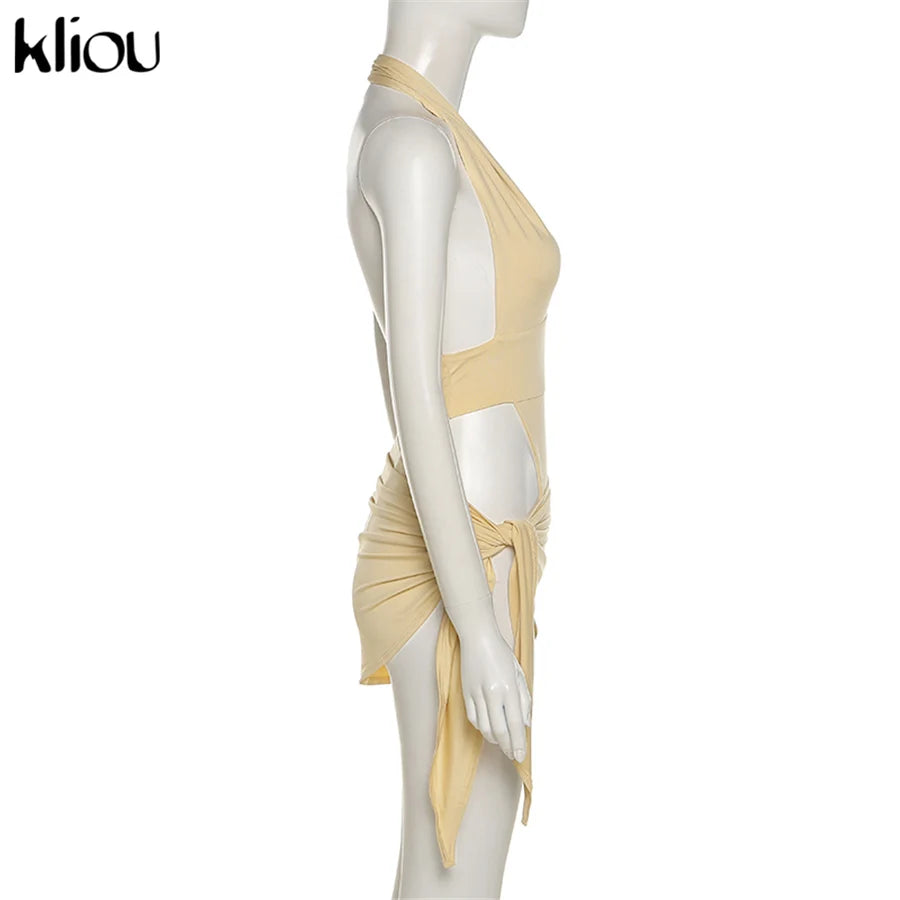 Kliou Solid Deep V sexy Two Piece Sets