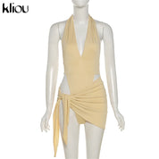 Kliou Solid Deep V sexy Two Piece Sets