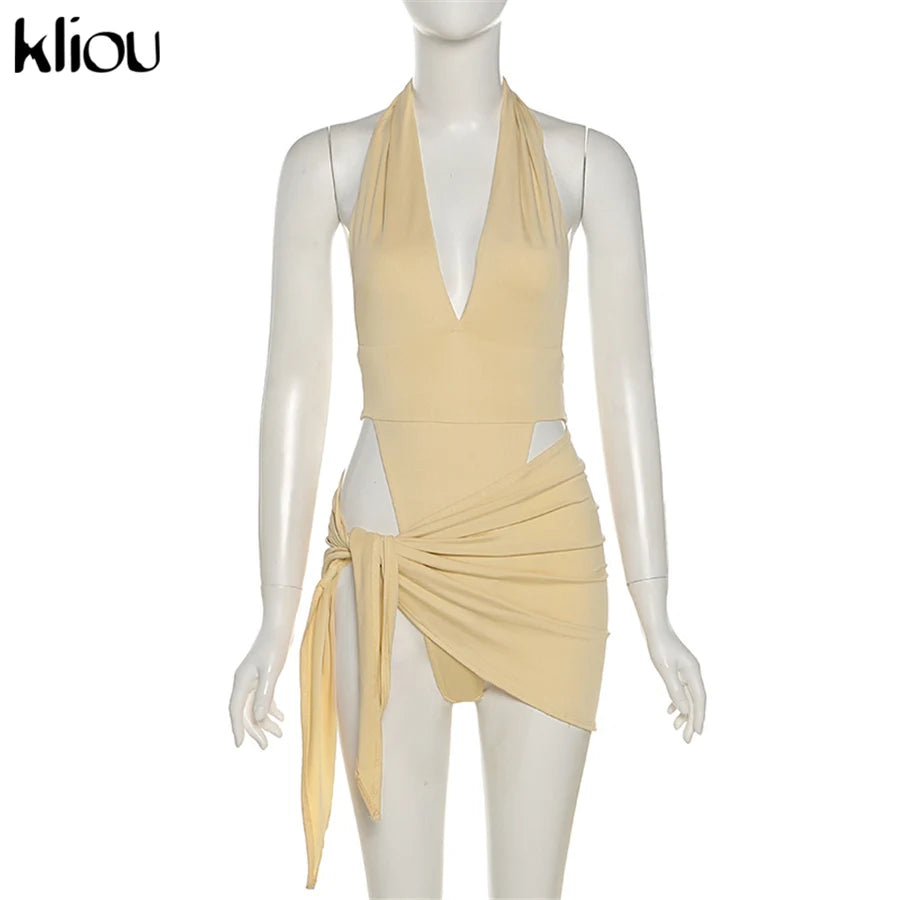 Kliou Solid Deep V sexy Two Piece Sets