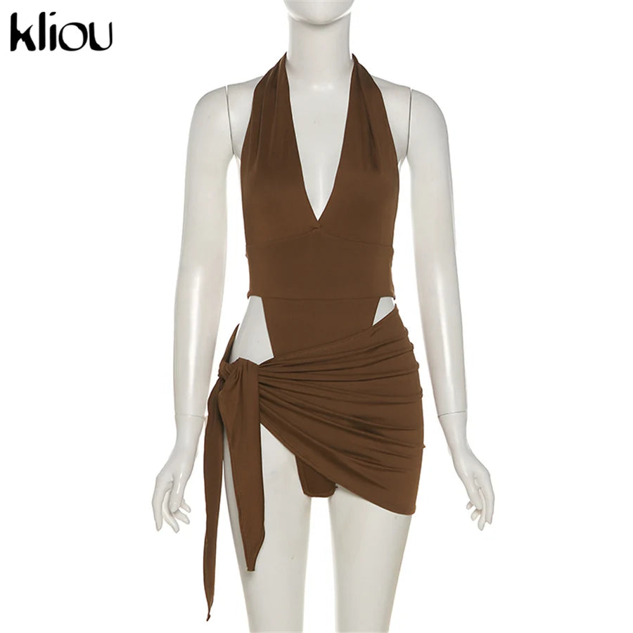 Kliou Solid Deep V sexy Two Piece Sets