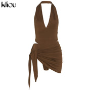 Kliou Solid Deep V sexy Two Piece Sets
