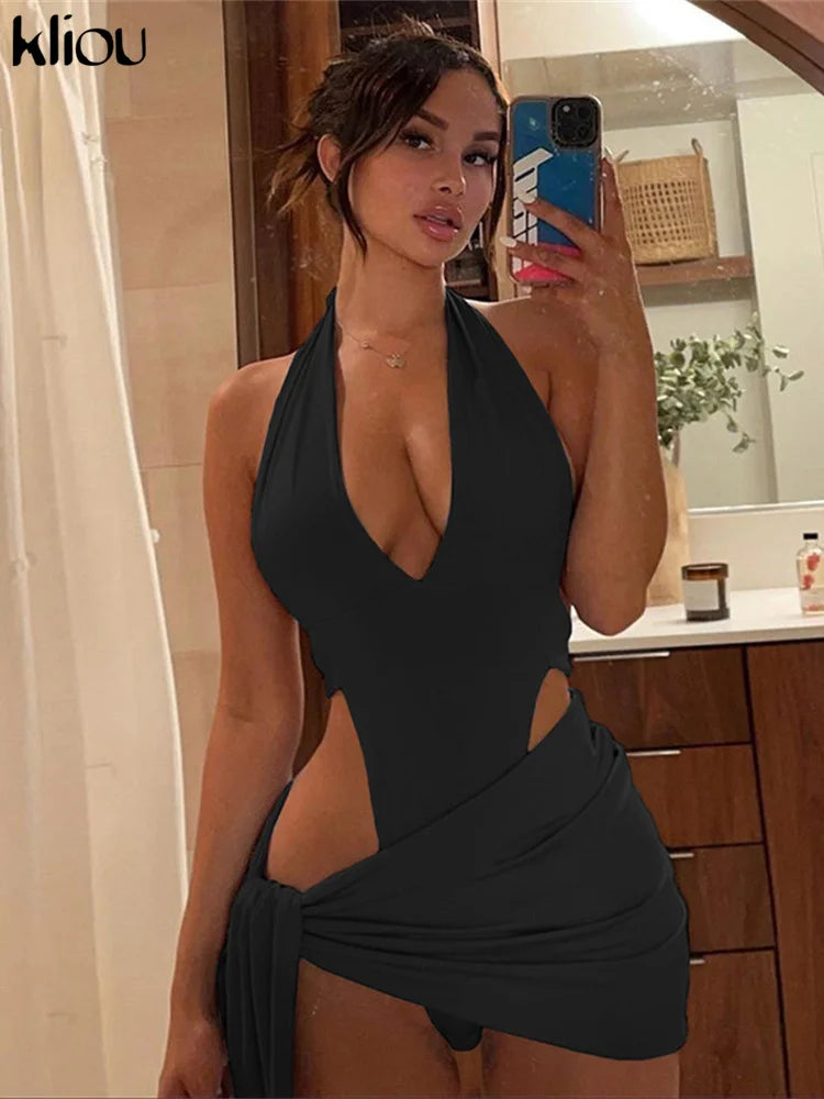 Kliou Solid Deep V sexy Two Piece Sets