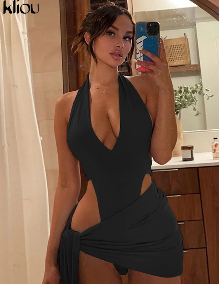 Kliou Solid Deep V sexy Two Piece Sets