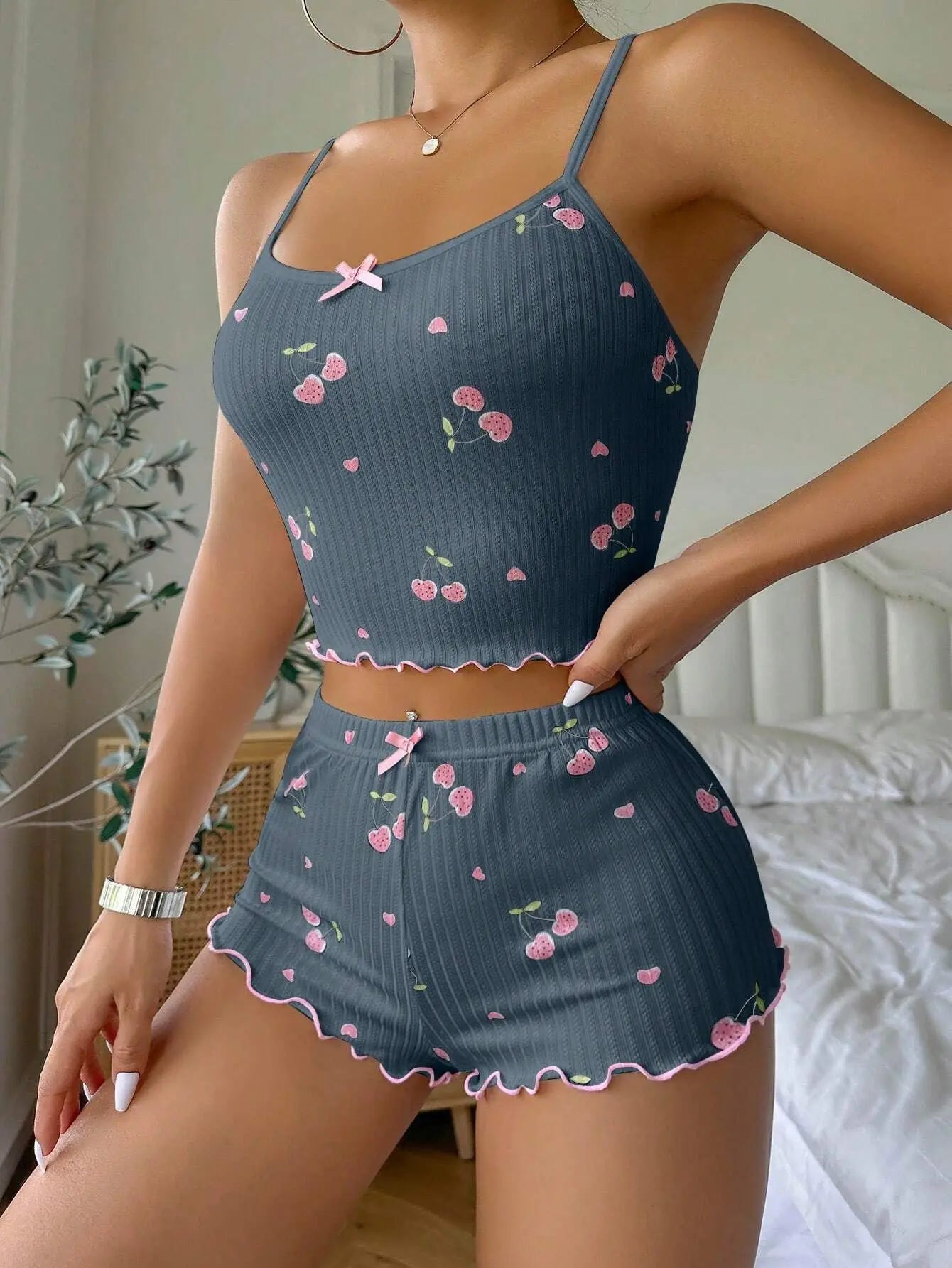 Heart Print 2 Pieces Pajama Set for Women