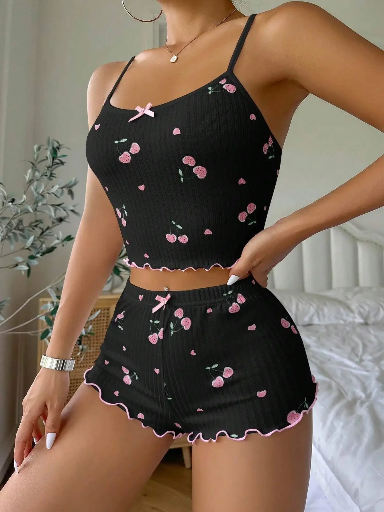 Heart Print 2 Pieces Pajama Set for Women